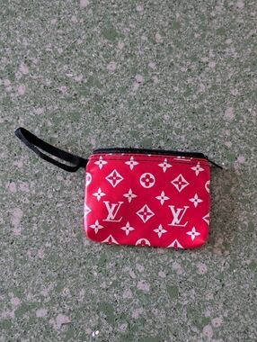 Red Monogram Zip Pouch with Wrist Strap